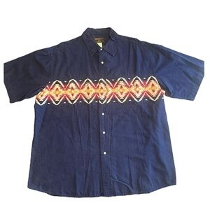 Rustler Wrangler Men's Navy Aztec Pearl Snap Short Sleeve Shirt Western Size XL